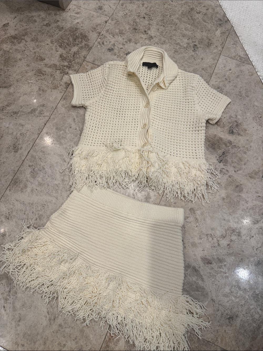 Zara Fringed Cream Knit Mini Skirt & Top - Women's